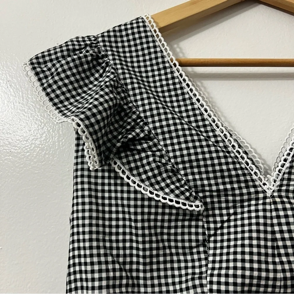 Nanette Lepore S Gingham Ruffle Tencel Peplum Blouse Retro 50s 60s Cottagecore